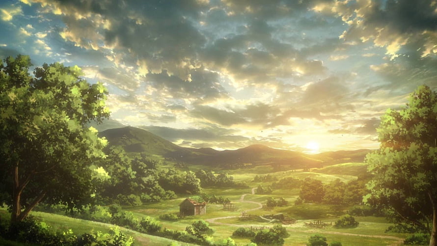 Serene Anime Countryside Landscape With Rolling Hills And Golden Sunset Sky HD wallpaper