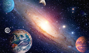 Milky Way Galaxy with Earth, Mars, and Other Planets in Deep Space HD wallpaper