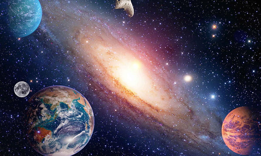 Milky Way Galaxy with Earth, Mars, and Other Planets in Deep Space HD wallpaper
