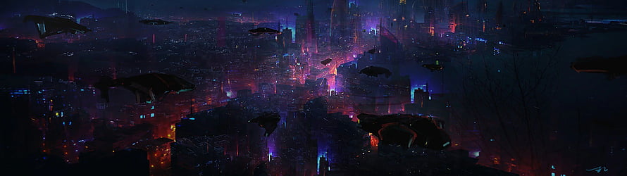 Neon-lit cyberpunk cityscape at night with flying vehicles and futuristic skyline HD wallpaper