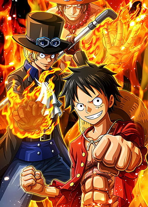 One Piece Fire Trio Luffy Ace Sabo Dynamic Anime Illustration HD phone wallpaper