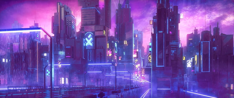 Retro Neon Cityscape in Rain with Synthwave Aesthetic and Futuristic Skyscrapers HD wallpaper