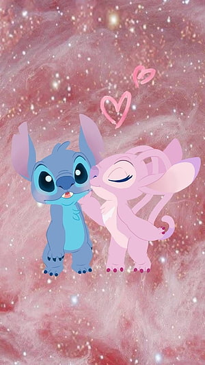 Stitch and Angel sharing a tender kiss against a soft pink cosmic background with floating hearts HD phone wallpaper