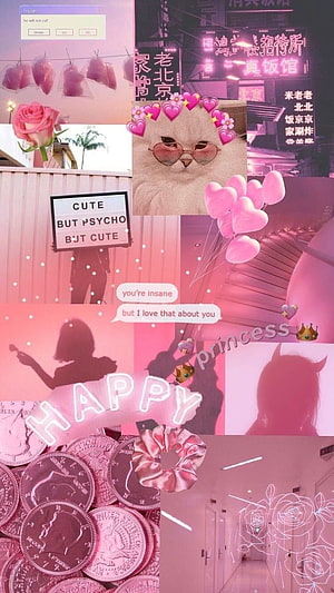 Pink Aesthetic Collage Wallpaper Featuring Cat, Neon Signs, and Y2K Elements HD phone wallpaper