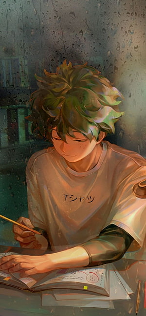 Anime Boy Studying by Rainy Window with Green Hair and Warm Lighting HD phone wallpaper