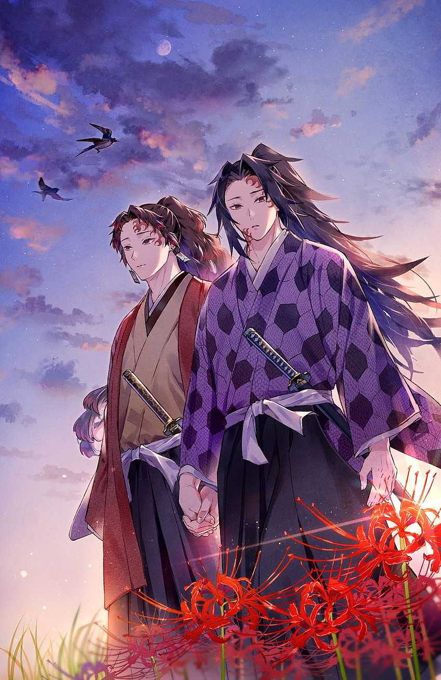 Yoriichi Tsugikuni and Yushiro holding hands among red spider lilies under a twilight sky HD phone wallpaper