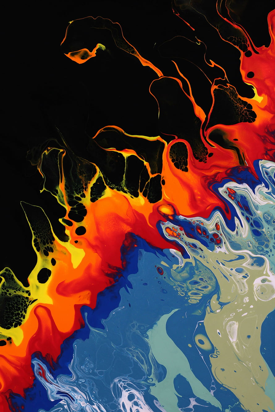 Abstract Fluid Art With Vibrant Orange, Red, And Blue Swirls On Black Background HD phone wallpaper