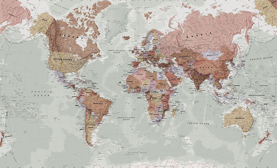 Vintage World Map with Muted Earth Tones and Detailed Country Borders HD wallpaper