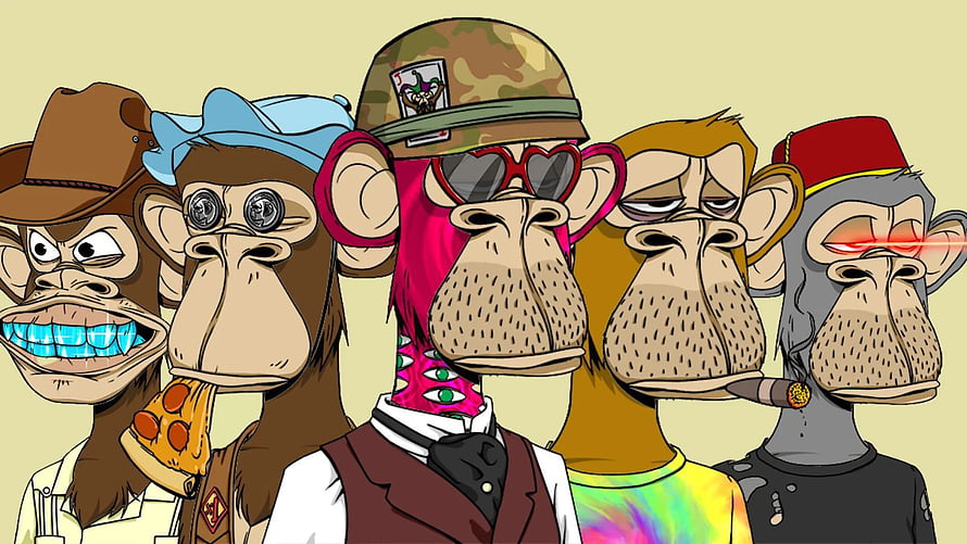 Five Stylized NFT Monkey Characters Wearing Distinctive Hats and Accessories HD wallpaper