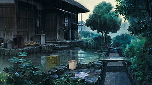 Rainy Day at a Traditional Japanese House with Stone Path and Lush Garden HD wallpaper