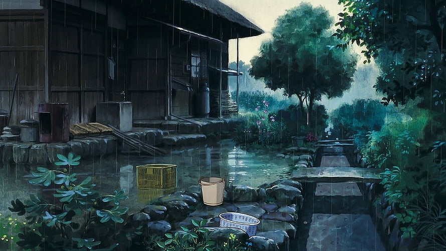 Rainy Day at a Traditional Japanese House with Stone Path and Lush Garden HD wallpaper
