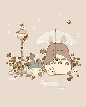 Cute Totoro Family Under Umbrella in Rainy Scene with Acorns and Moon HD phone wallpaper