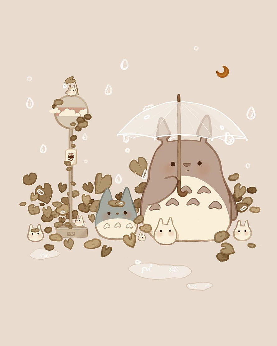 Cute Totoro Family Under Umbrella in Rainy Scene with Acorns and Moon HD phone wallpaper