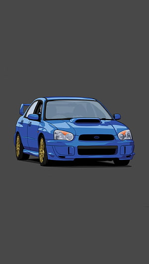 Blue Subaru WRX STI Digital Illustration with Gold Wheels on Dark Background HD phone wallpaper