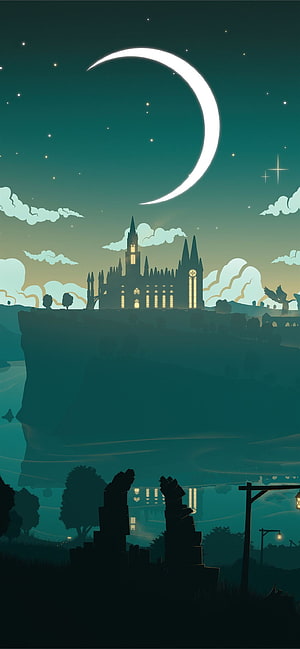 Magical Hogwarts Castle at Night with Crescent Moon and Starry Sky HD phone wallpaper