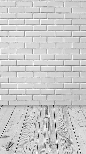 Minimalist White Brick Wall and Weathered Wood Floor Interior Background HD phone wallpaper
