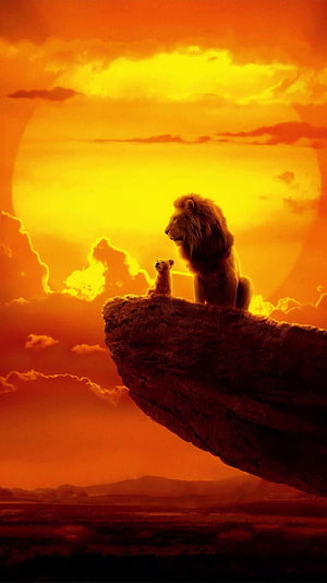 The Lion King 2019 Cinematic Scene: Mufasa and Simba on Pride Rock at Sunset HD phone wallpaper