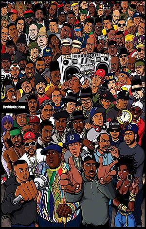 Hip Hop Culture Illustration Featuring Rapper Portraits and Boombox HD phone wallpaper