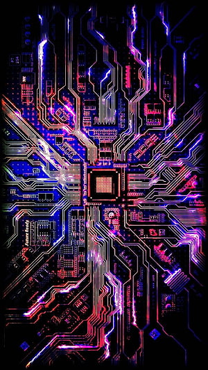 Neon Cyberpunk Circuit Board with Glowing Traces and Central Processor HD phone wallpaper