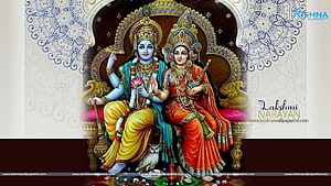 Lakshmi Narayan Divine Couple Sitting on Golden Throne with Owl and Lotus HD wallpaper