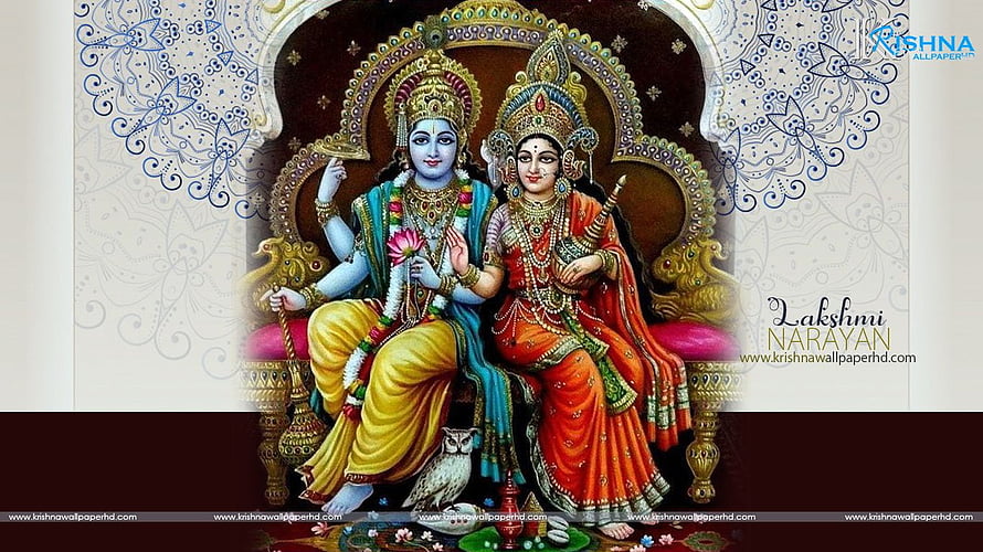 Lakshmi Narayan Divine Couple Sitting on Golden Throne with Owl and Lotus HD wallpaper