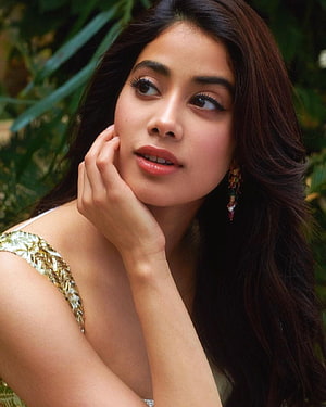 Janhvi Kapoor Portrait in Gold Embroidered Dress with Floral Earrings HD phone wallpaper