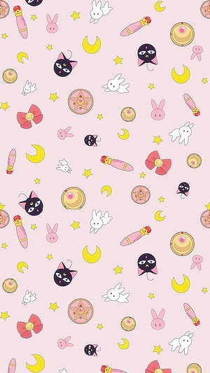 Sailor Moon Kawaii Pattern with Luna, Stars, and Crescent Moons on Pink Background HD phone wallpaper