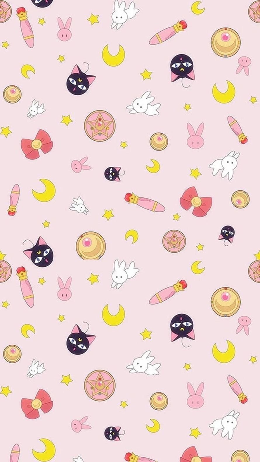Sailor Moon Kawaii Pattern with Luna, Stars, and Crescent Moons on Pink Background HD phone wallpaper