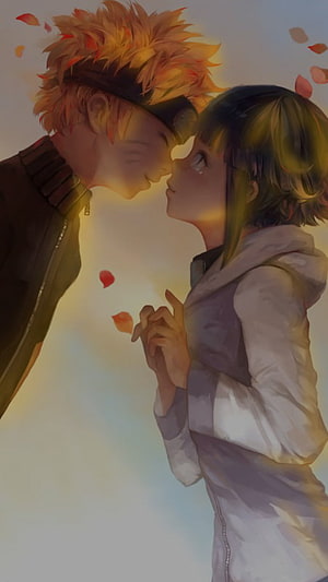 Naruto and Hinata Sharing an Intimate Moment with Falling Petals HD phone wallpaper