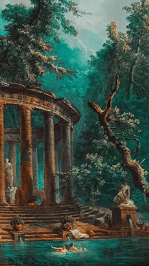 Classical Ruins in a Lush Forest with Figures Bathing in a Pool HD phone wallpaper