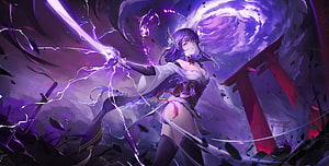 Raiden Shogun wielding purple lightning sword amidst shattered torii gates and swirling vortex HD wallpaper