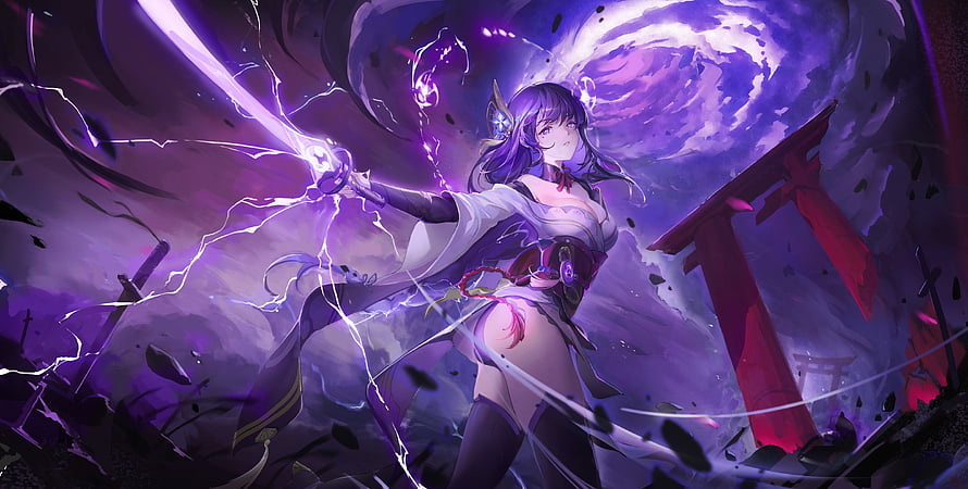 Raiden Shogun wielding purple lightning sword amidst shattered torii gates and swirling vortex HD wallpaper