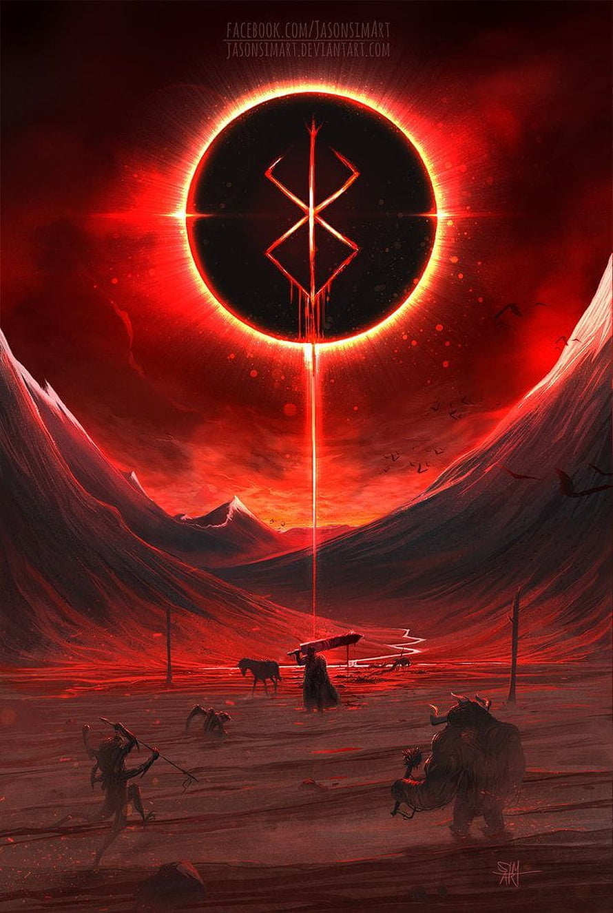 Berserk Behelit Eclipse Over Dark Fantasy Wasteland with Silhouetted Figures HD phone wallpaper