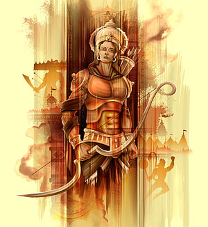 Illustration of a female warrior archer in golden armor holding a bow, set against a backdrop of ancient Indian architecture and mythological silhouettes HD phone wallpaper