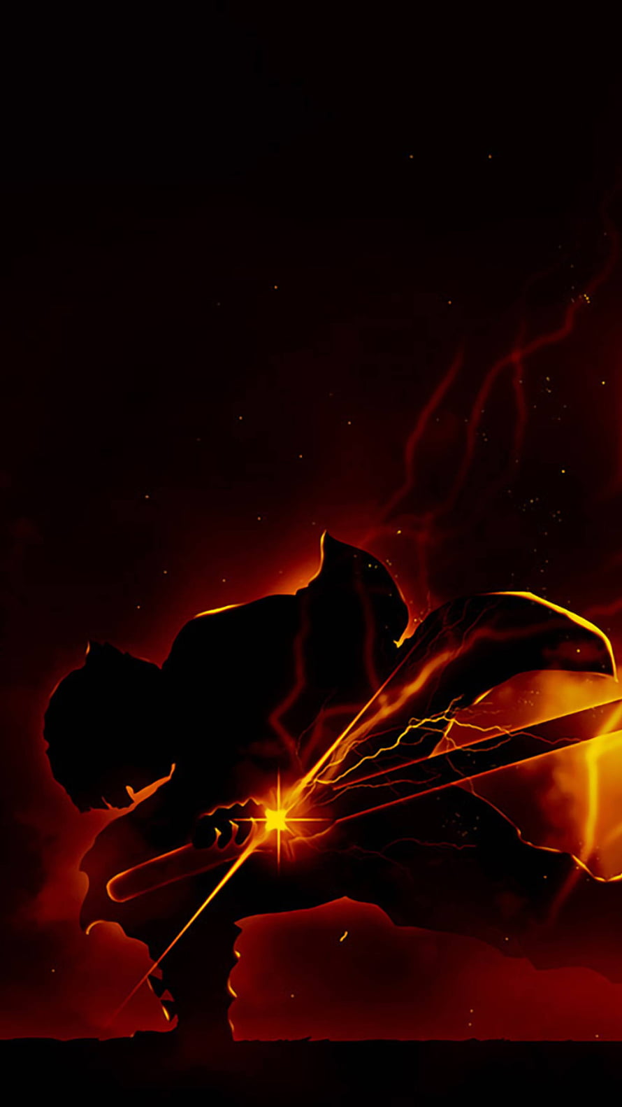 Silhouette of a warrior wielding a glowing sword with fiery energy effects HD phone wallpaper