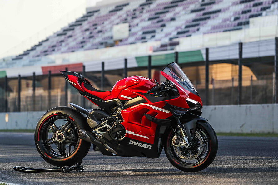Red Ducati Panigale V4 Sportbike Parked on Racing Circuit Track HD wallpaper