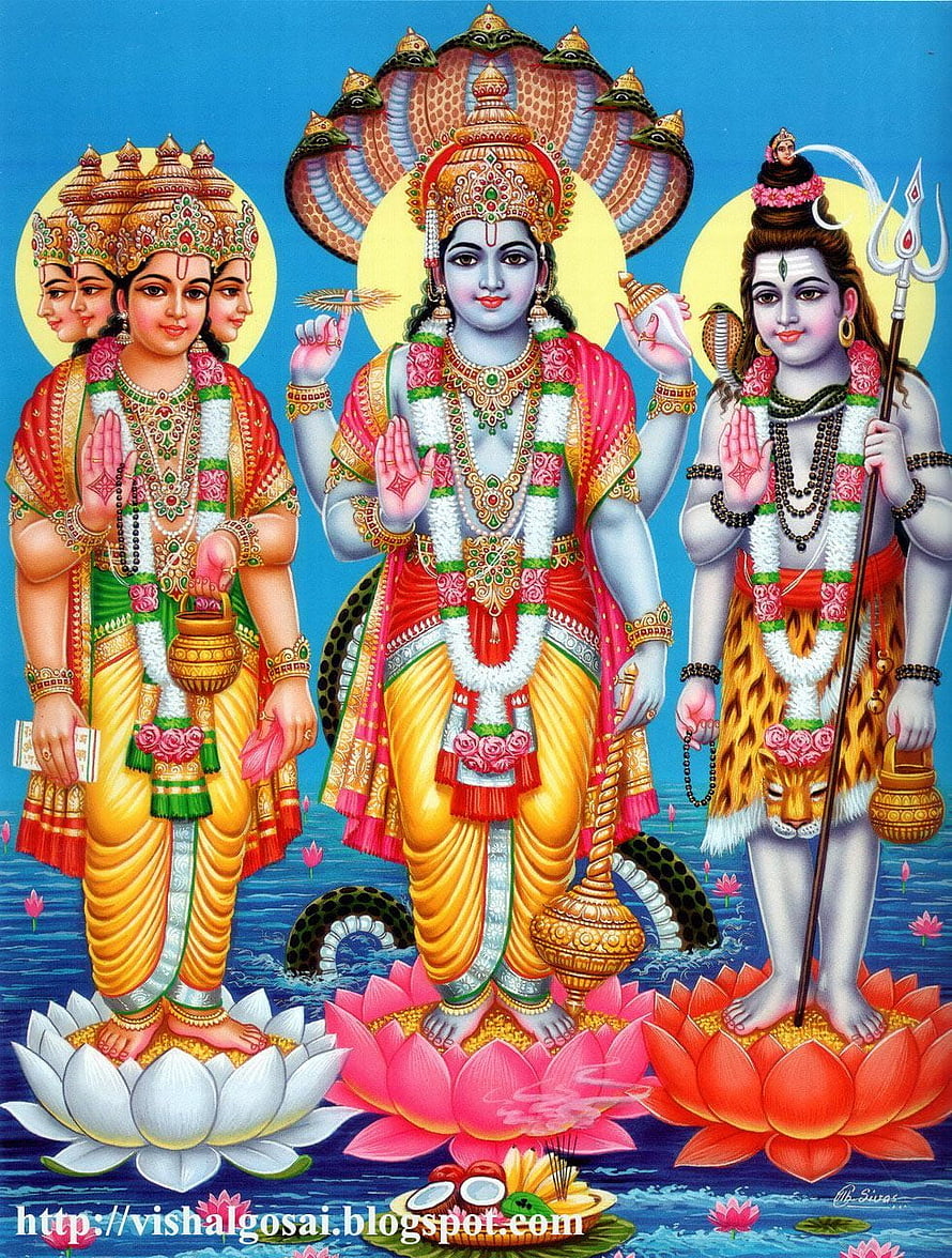 Brahma Vishnu Shiva Hindu Trinity Deities on Lotus Flowers HD phone wallpaper