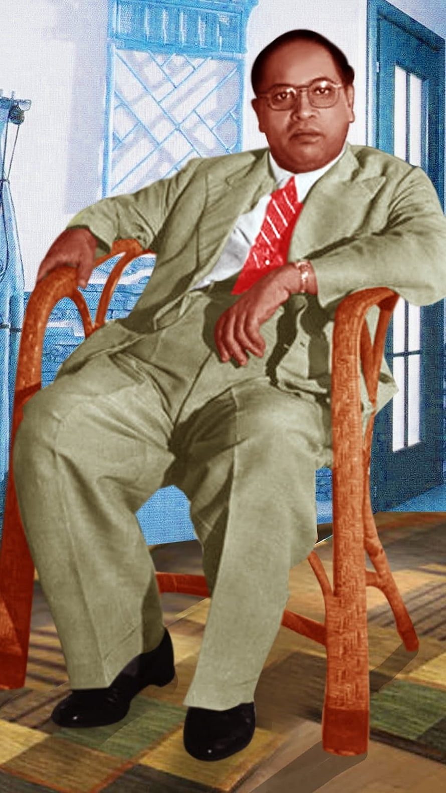 Portrait of a man in a green suit and red tie sitting on a wooden chair, Dr Babasaheb Ambedkar, B R Ambedkar HD phone wallpaper