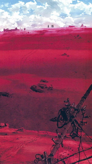 Neon Genesis Evangelion Red Desert Landscape with Distant Figures and Wreckage HD phone wallpaper