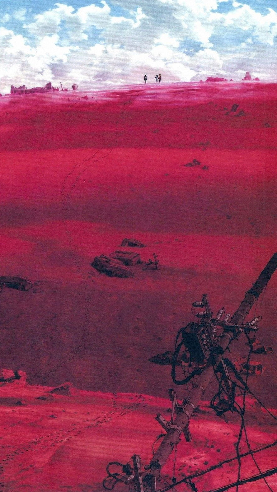 Neon Genesis Evangelion Red Desert Landscape with Distant Figures and Wreckage HD phone wallpaper