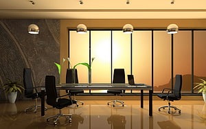 Modern Conference Room Interior With Glass Table And Sunset View HD wallpaper