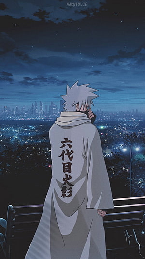 Kakashi Hatake as Sixth Hokage in Naruto Shippuden Standing Over Night City HD phone wallpaper