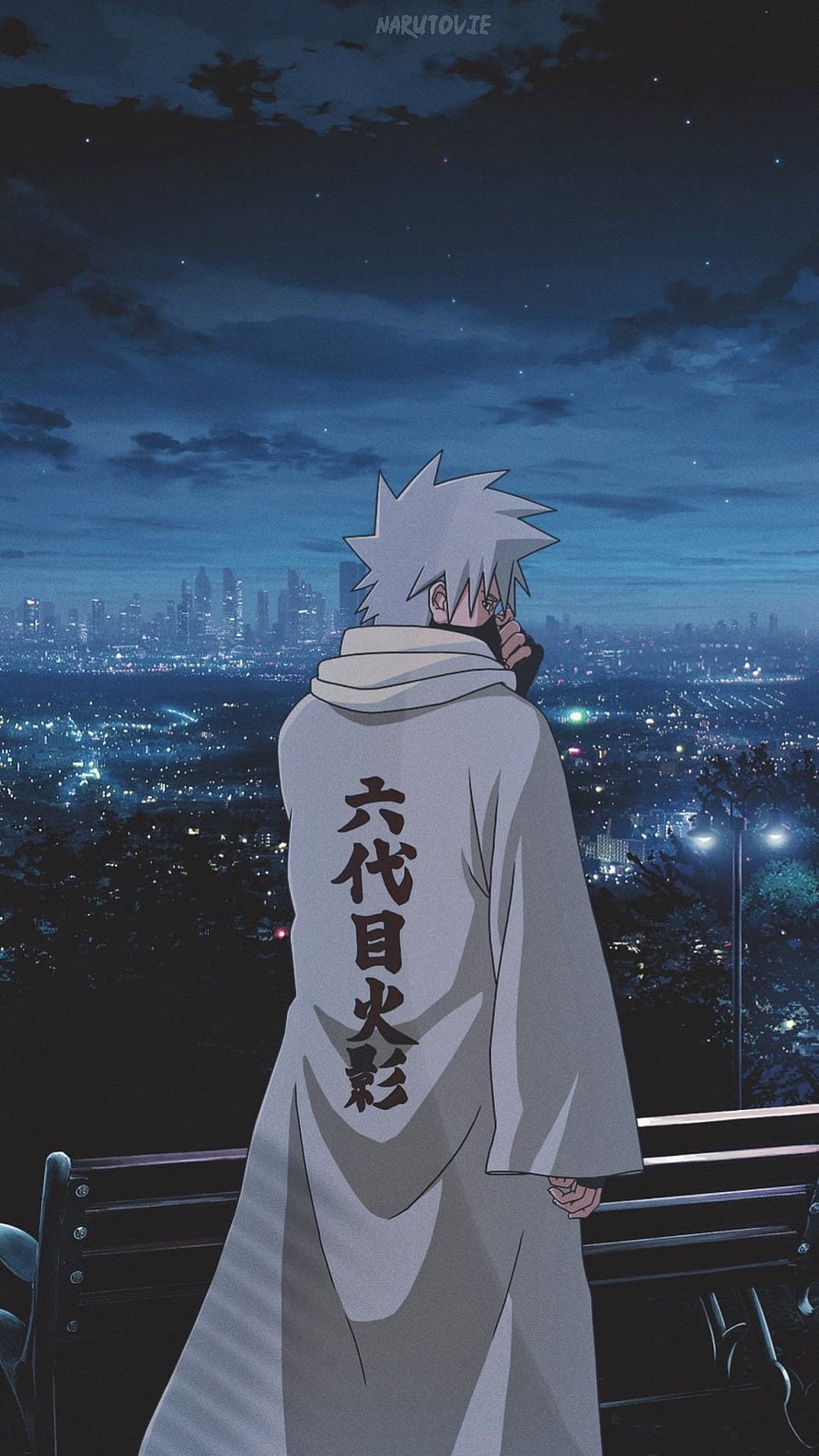 Kakashi Hatake as Sixth Hokage in Naruto Shippuden Standing Over Night City HD phone wallpaper
