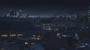 Rainy City Anime Night Skyline with Lit Windows and Dark Clouds HD wallpaper