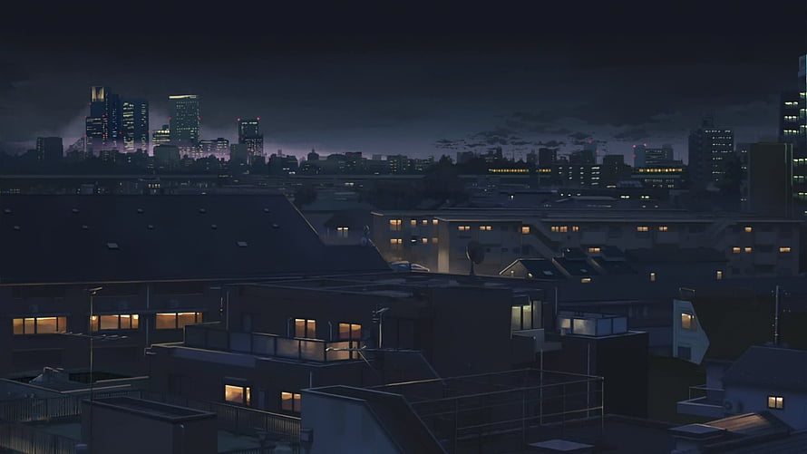Rainy City Anime Night Skyline with Lit Windows and Dark Clouds HD wallpaper