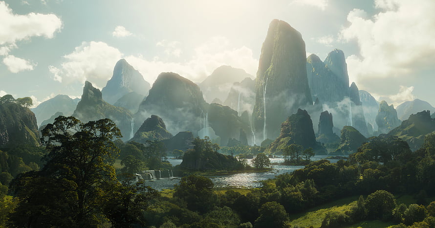 Misty Fantasy Landscape with Towering Peaks, Waterfalls, and Lush Forest HD wallpaper