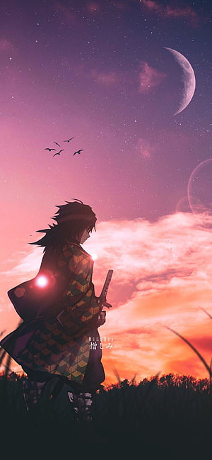 Tanjiro Kamado from Demon Slayer standing in a field under a starry purple sky with a crescent moon HD phone wallpaper