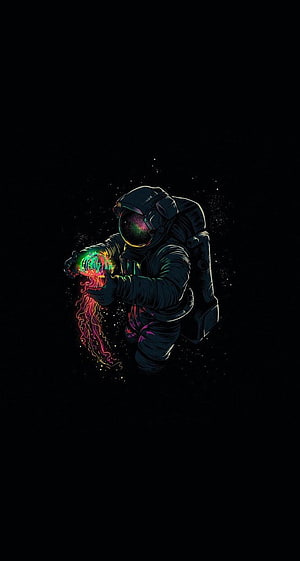 Astronaut Holding Glowing Jellyfish in Deep Space HD phone wallpaper