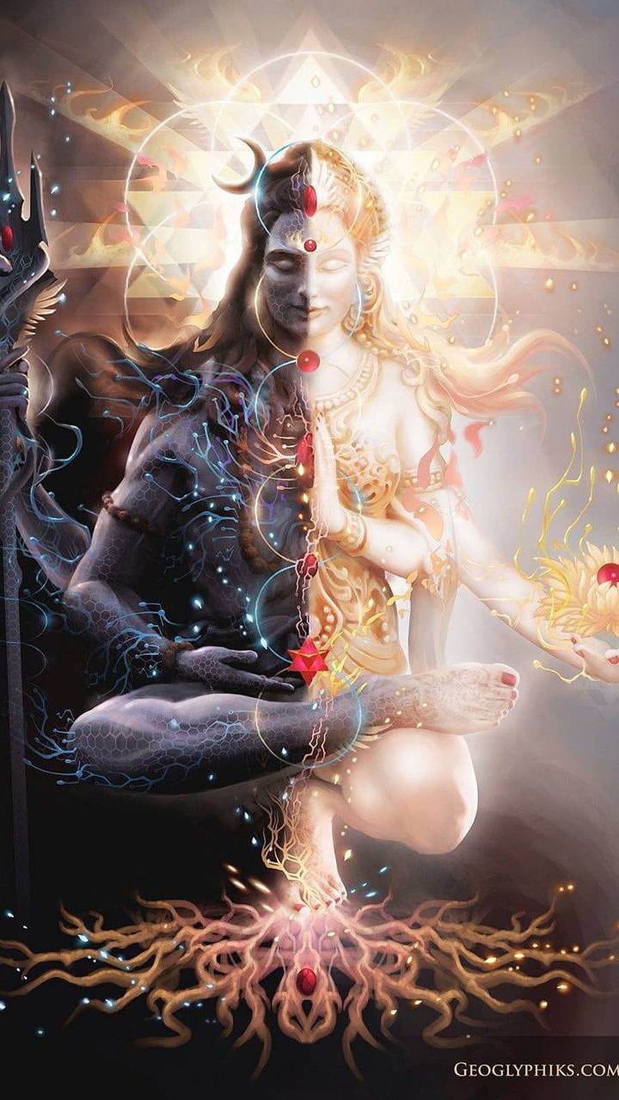 Divine Shiva and Parvati Meditation Artwork with Chakra Energy and Spiritual Roots HD phone wallpaper