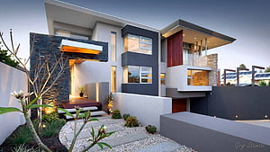 Contemporary Two-Story Residence With Stone Facade And Warm Evening Lighting HD wallpaper